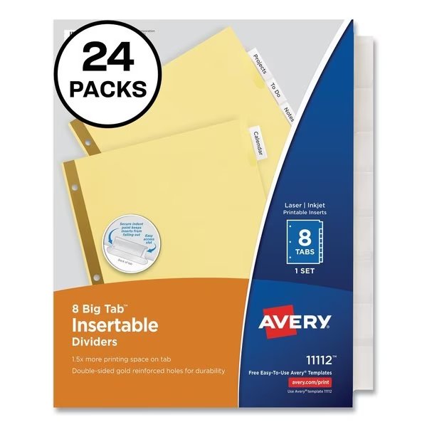 Divider Tab, 8 Tab, White, Pk24, AVERY DENNISON, Mfr# 72782